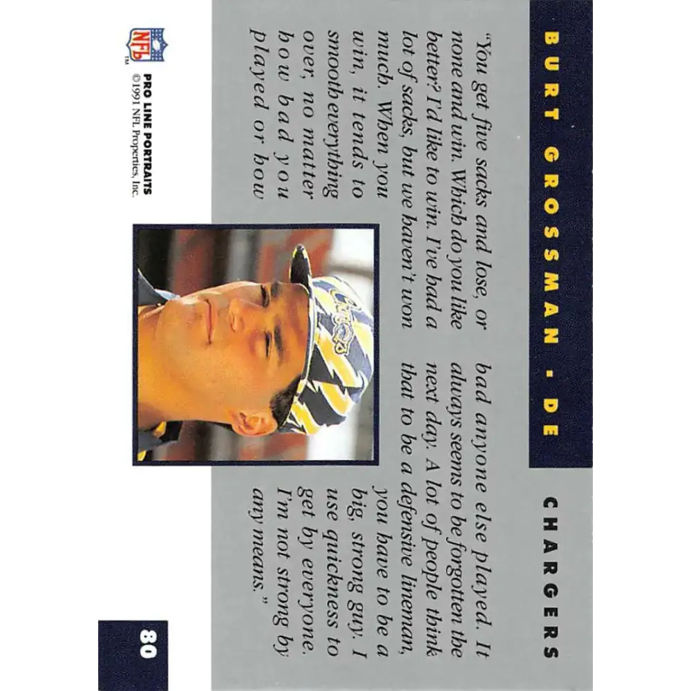 1991 Pro Line Portraits #80 Burt Grossman EX-NM San Diego Chargers Football Card - Football Card Single