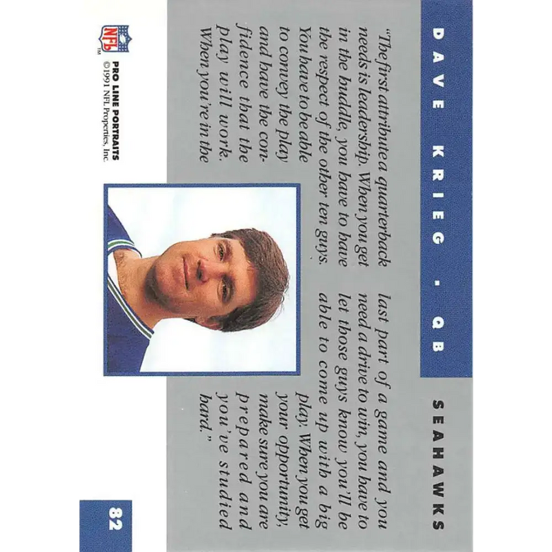 1991 Pro Line Portraits #82 Dave Krieg EX-NM Seattle Seahawks Football Card - Football Card Single