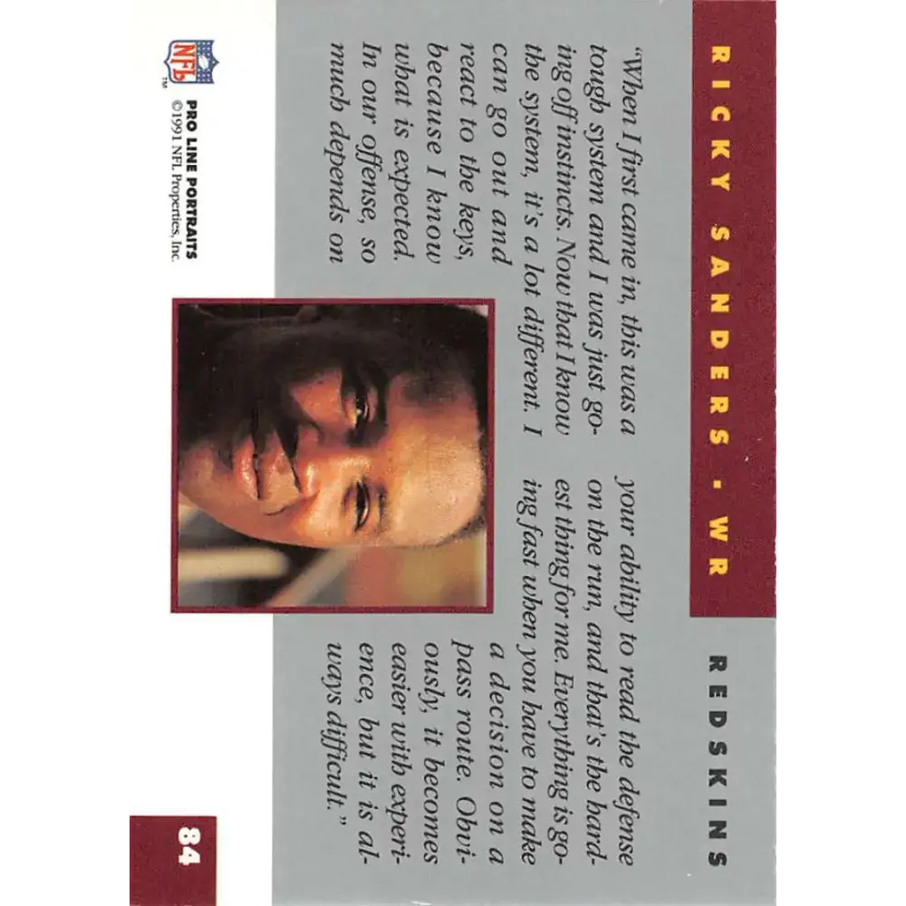 1991 Pro Line Portraits #84 Ricky Sanders EX-NM Washington Redskins Football Card - Football Card Single