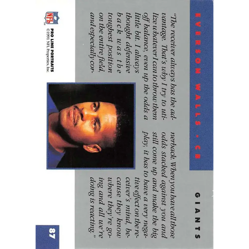 1991 Pro Line Portraits #87 Everson Walls EX-NM New York Giants Football Card - Football Card Single