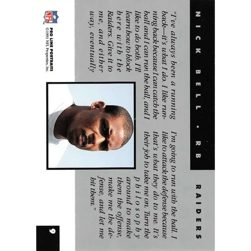 1991 Pro Line Portraits #9 Nick Bell EX-NM RC Rookie Los Angeles Raiders Football Card - Football Card Single
