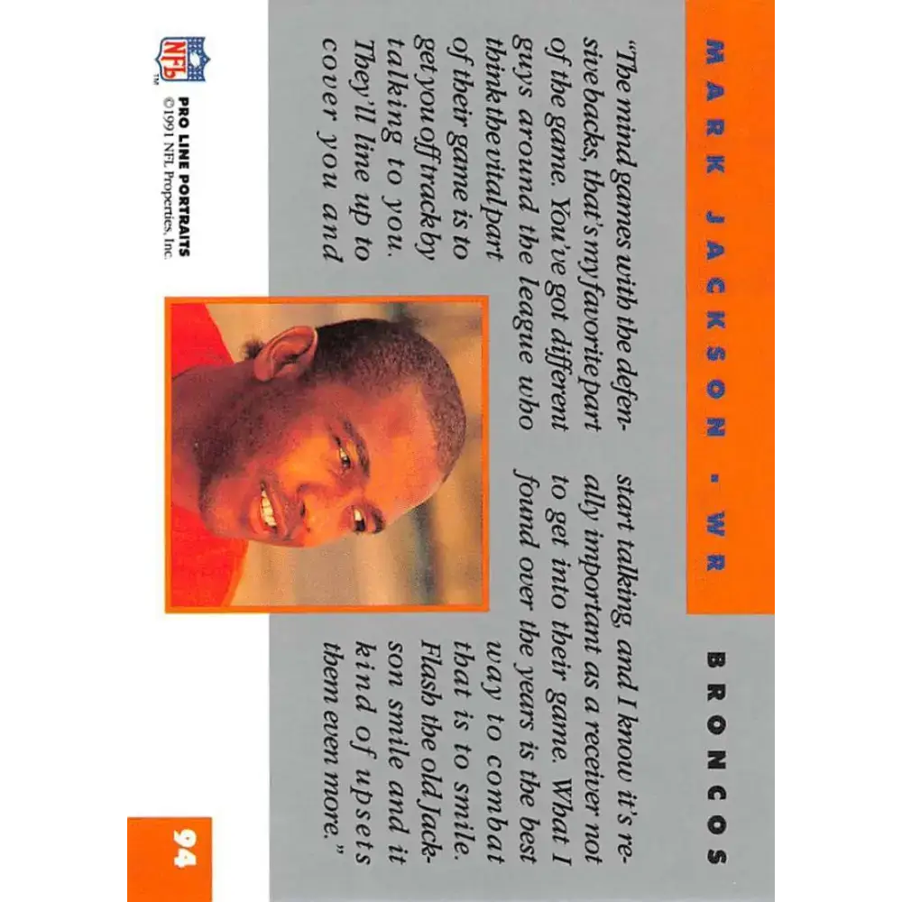 1991 Pro Line Portraits #94 Mark Jackson EX-NM Denver Broncos Football Card - Football Card Single