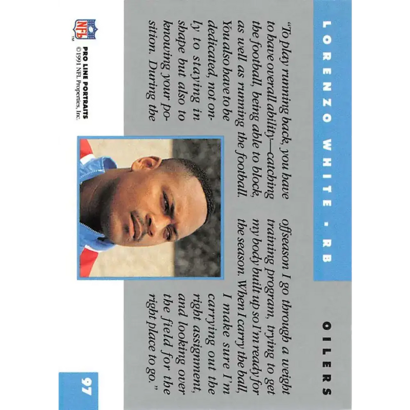 1991 Pro Line Portraits #97 Lorenzo White EX-NM Houston Oilers Football Card - Football Card Single