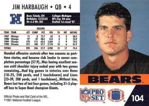 Original gloss Jim Harbaugh football card from Pro Set 1991 Bears collection