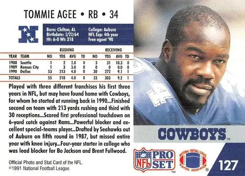 1991 Pro Set Tommie Agee football card with original gloss and near mint condition