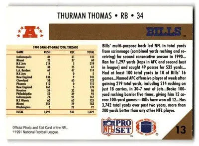 1991 Pro Set #13 Thurman Thomas - Football Card Single