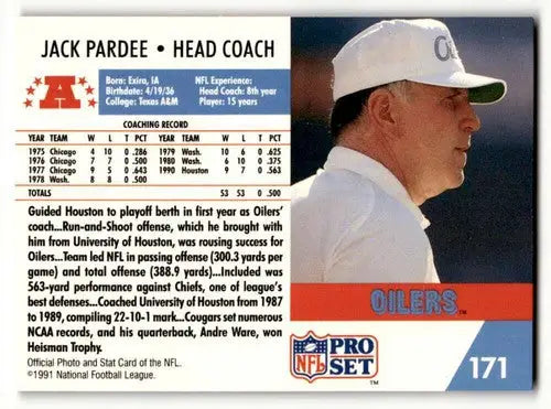 Vintage 1991 Pro Set Jack Pardee Houston Oilers football card with original gloss