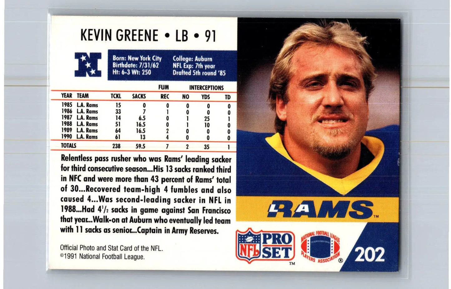 1991 Pro Set #202 Kevin Greene Los Angeles Rams - Football Card Single