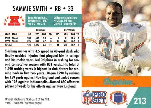 1991 Pro Set #213 Sammie Smith NM Near Mint Dolphins ID:23586 - Football Card Single