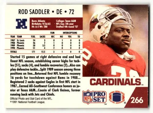 Rod Saddler Phoenix football card from 1991 Pro Set #266 featuring Saddler Phoenix Cardinals