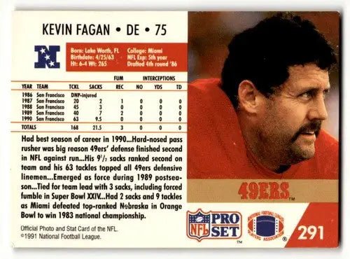 Original gloss Kevin Fagan football card from 1991 Pro Set San Francisco 49ers