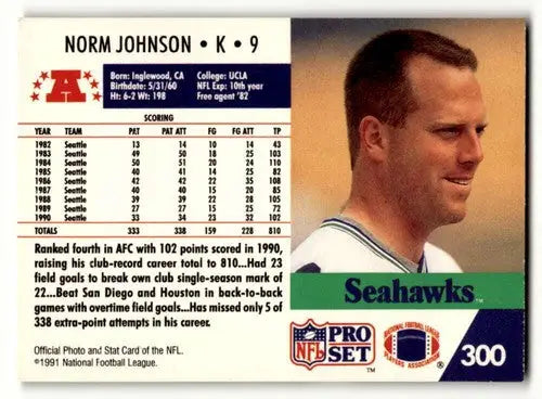 Original gloss Norm Johnson Seattle Seahawks football card from 1991 Pro Set #300