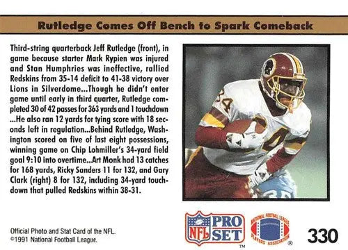 Original gloss Football trading card of Jeff Rutledge from 1991 Pro Set Redskins