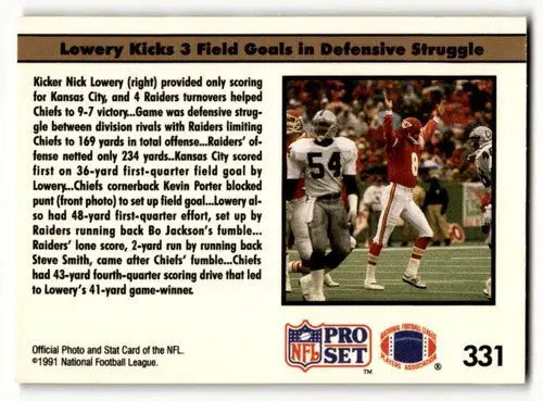 Original gloss Football trading card featuring Nick Lowery Rep from 1991 Pro Set Kansas City Chiefs