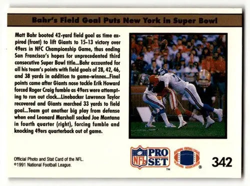 Original gloss 1991 Pro Set Matt Bahr Giants football cards NFL collectible