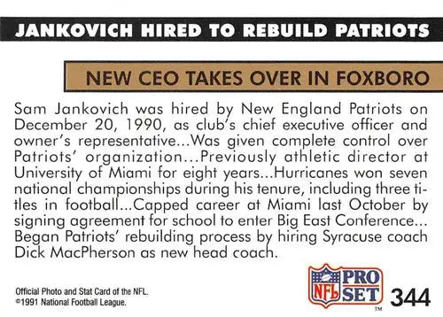 1991 Pro Set #344 Jankovich Hired to Rebuild Patriots NEW NM Near Mint ID:23659 - Football Card Single