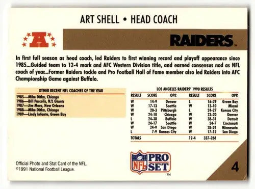 Original gloss Art Shell Los Angeles Raiders football card from 1991 Pro Set