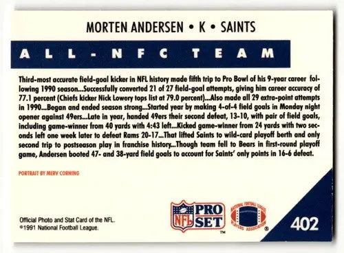 Original gloss of 1991 Pro Set Morten Andersen Orleans Saints football card back