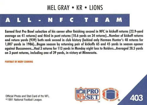 Back of 1991 Pro Set Mel Gray Lions trading card with stats and achievements