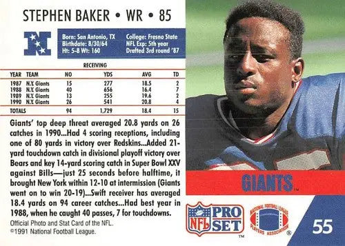 Original gloss football card of Stephen Baker from 1991 Pro Set #55 NY Giants