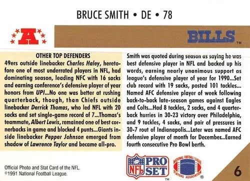 1991 Pro Set #6 Bruce Smith NM Near Mint Bills ID:23513 - Football Card Single