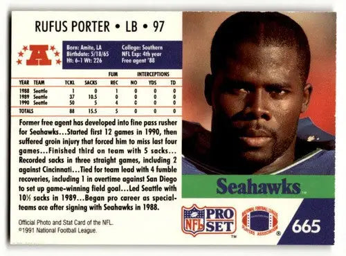 1991 Pro Set #665 Rufus Porter Seattle Seahawks Football Cards EX/NM ID:63143 - Football Card Single