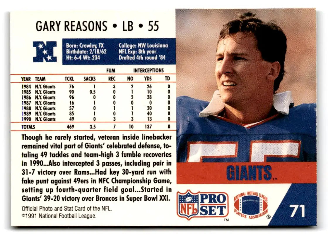 1991 Pro Set #71 Gary Reasons - Football Card Single