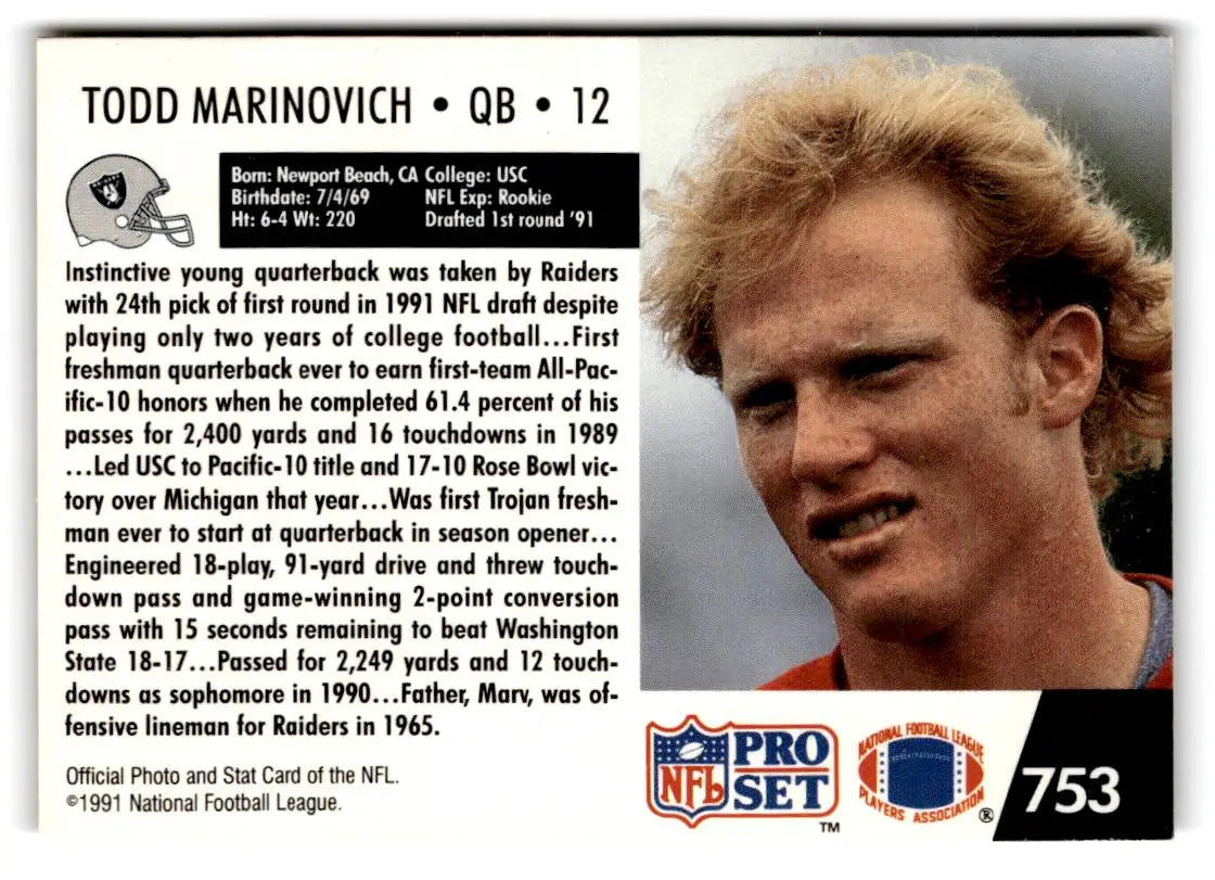 1991 Pro Set #753 Todd Marinovich - Football Card Single