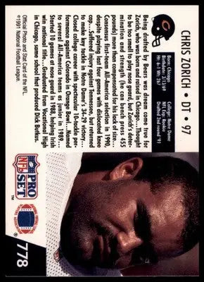1991 Pro Set Chris Zorich 778 Chicago Bears