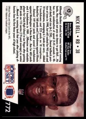 1991 Pro Set Nick Bell RC 772 Los Angeles Raiders