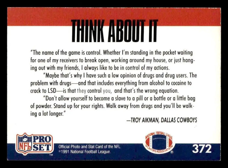1991 Pro Set #NNO Troy Aikman Dallas Public Service Announcement - Football Card Single