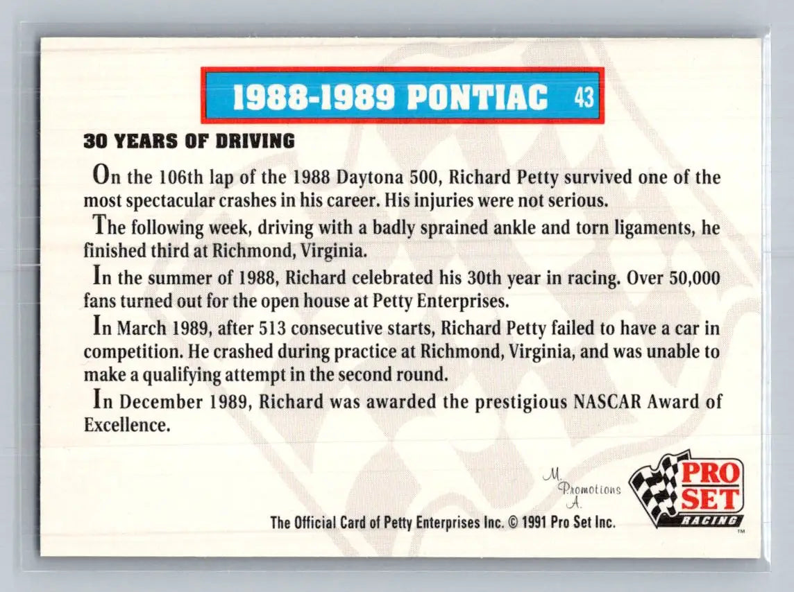 1991 Pro Set Petty Family #43 30 Years of Driving Petty Enterprises - Racing Card Single