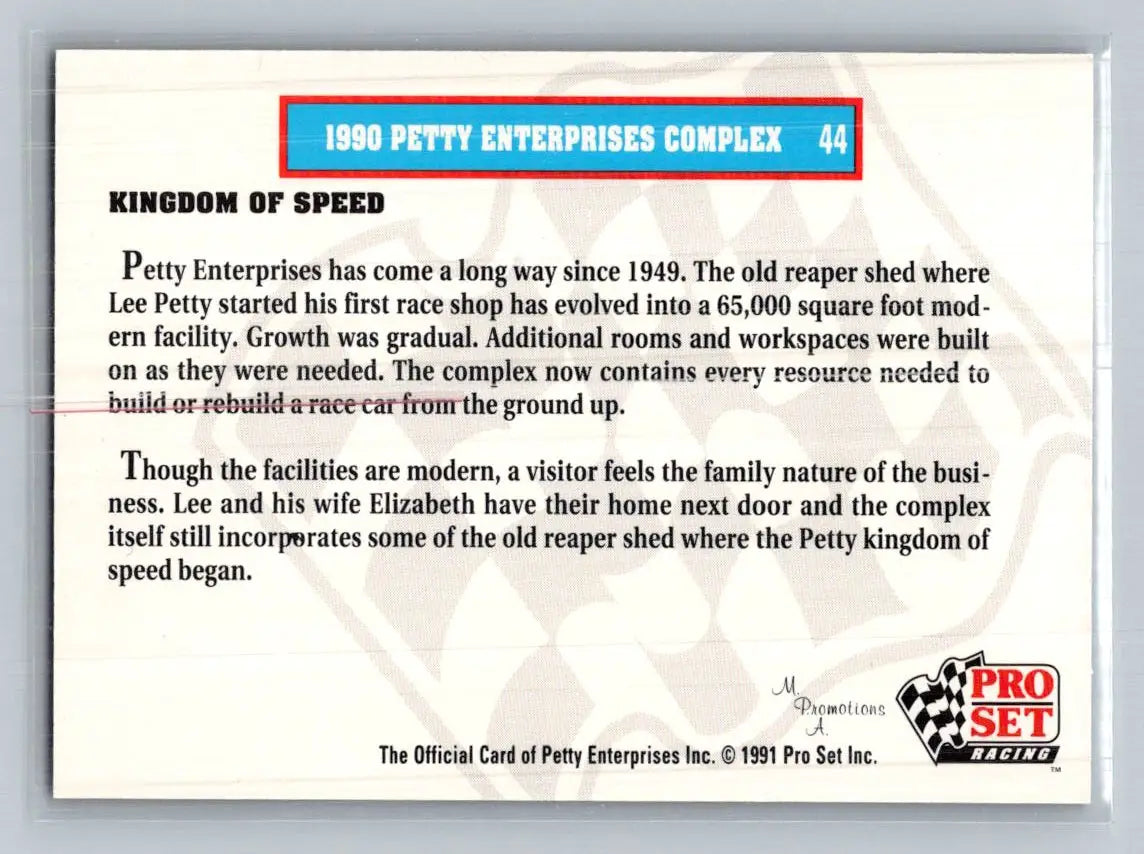 1991 Pro Set Petty Family #44 1990 Petty Enterprises Complex Petty Enterprises - Racing Card Single