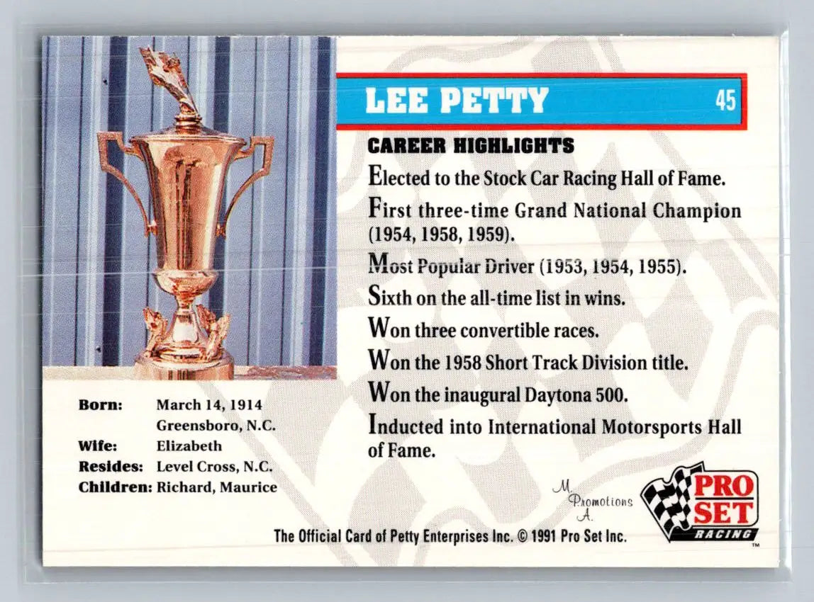 1991 Pro Set Petty Family #45 Lee Petty Petty Enterprises - Racing Card Single