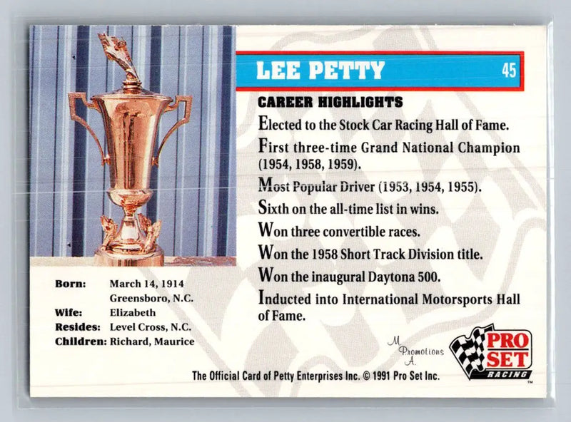 1991 Pro Set Petty Family #45 Lee Petty Petty Enterprises - Racing Card Single