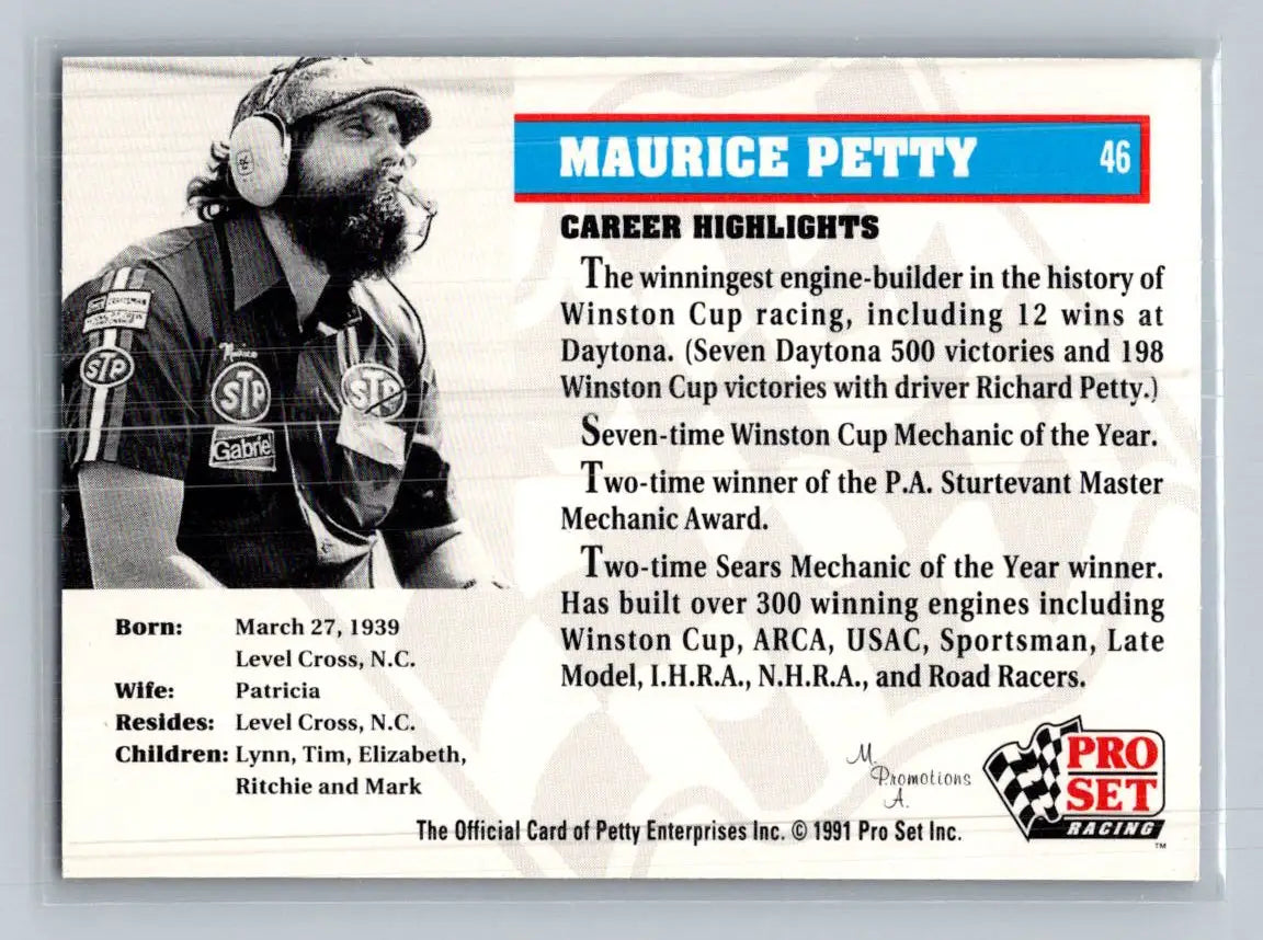 1991 Pro Set Petty Family #46 Maurice Petty Petty Enterprises - Racing Card Single