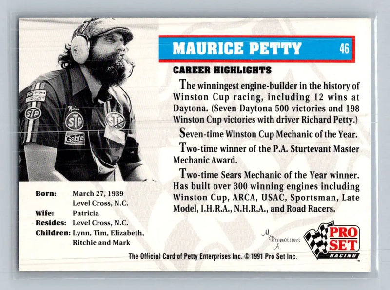 1991 Pro Set Petty Family #46 Maurice Petty Petty Enterprises - Racing Card Single