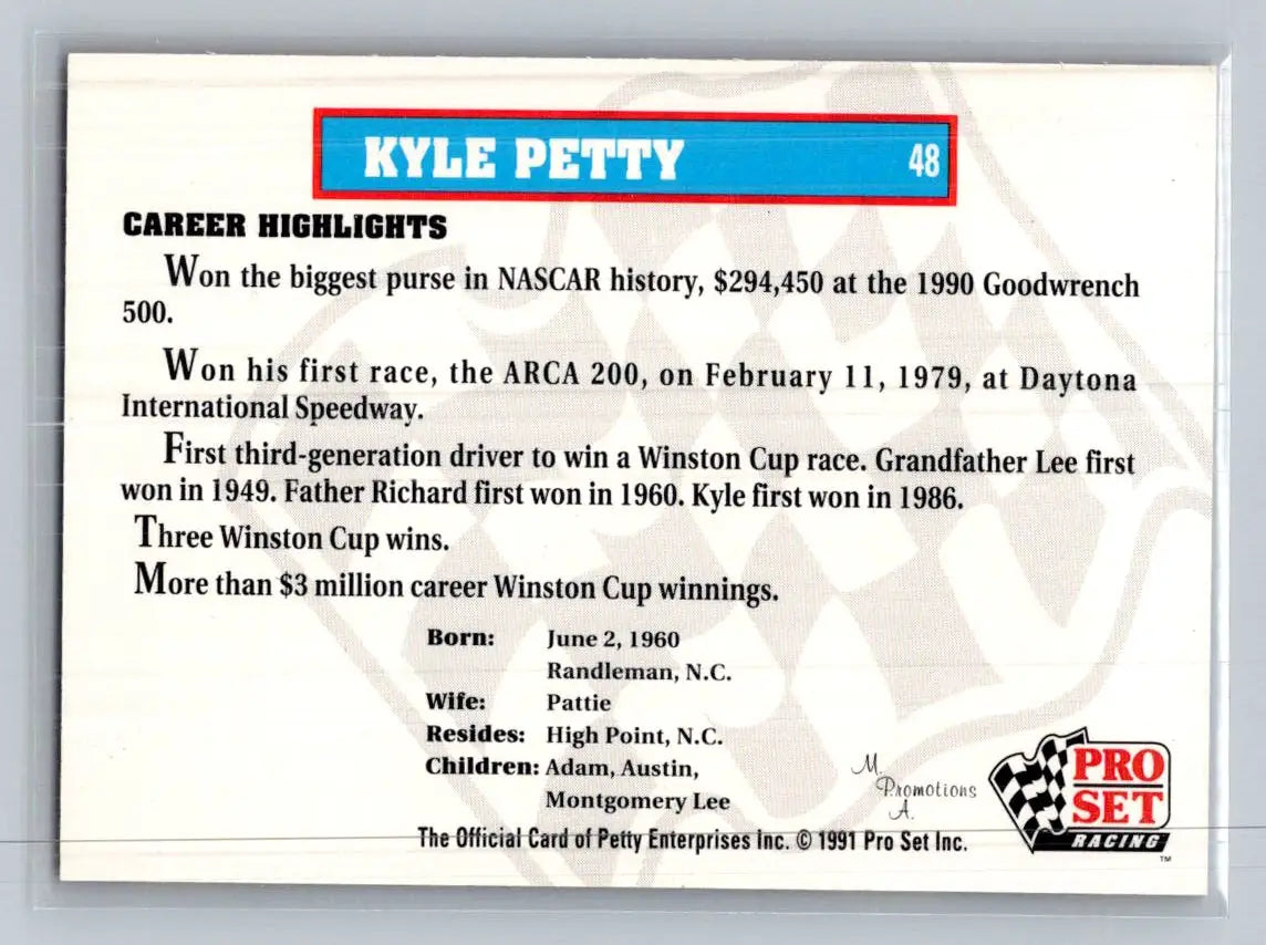 1991 Pro Set Petty Family #48 Kyle Petty SABCO Racing - Racing Card Single
