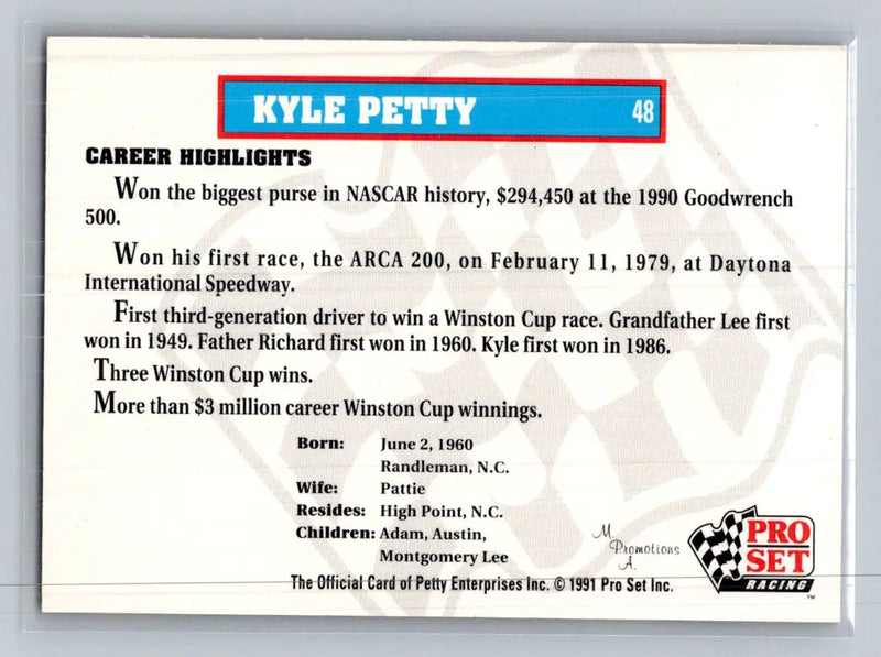 1991 Pro Set Petty Family #48 Kyle Petty SABCO Racing - Racing Card Single