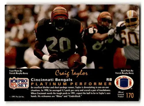 Original gloss Craig Taylor football card from 1991 Pro Set Platinum Cincinnati Bengals