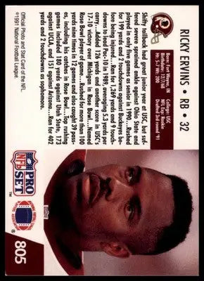 1991 Pro Set Ricky Ervins RC 805 Washington Redskins