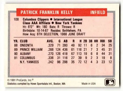 Original gloss baseball card back featuring Pat Kelly of the Columbus Clippers from 1991 ProCards