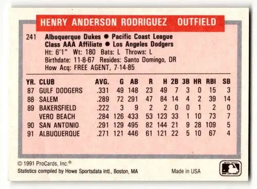 Baseball card back featuring Henry Rodriguez with original gloss from 1991 ProCards Tomorrow’s Heroes