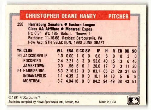 1991 ProCards Tomorrow’s Heroes #258 Chris Haney Harrisburg Senators ID:56156 - Baseball Card Single