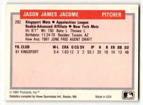 Original gloss baseball card back featuring Jason Jacome from Kingsport Mets in 1991 ProCards