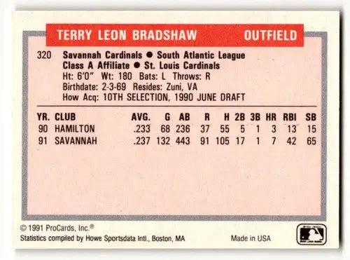 Back of 1991 ProCards Terry Bradshaw baseball card showing original gloss and details