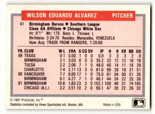 1991 ProCards Tomorrow’s Heroes #41 Wilson Alvarez Birmingham Barons ID:56152 - Baseball Card Single