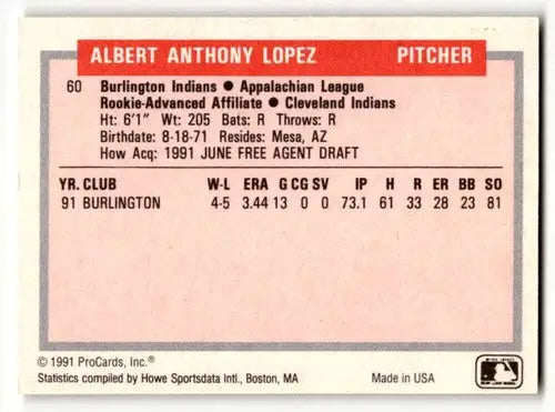 1991 ProCards Tomorrow’s Heroes #60 Albie Lopez Burlington Indians B ID:56157 - Baseball Card Single