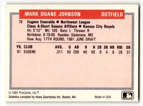 Back of 1991 ProCards Tomorrow’s Heroes Mark Johnson Eugene Emeralds baseball card