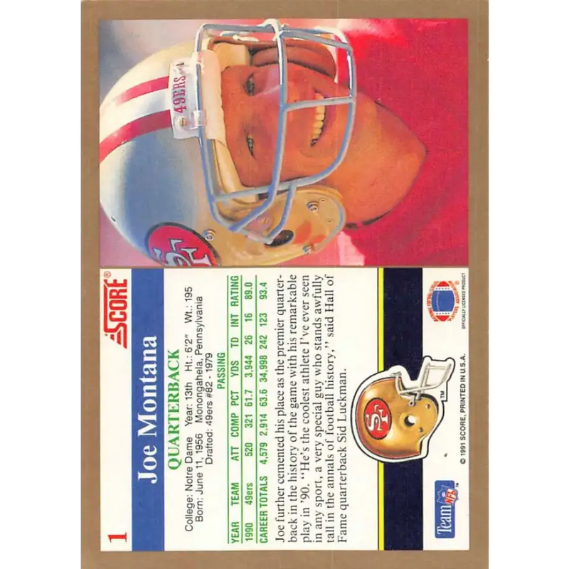 1991 Score #1 Joe Montana EX Excellent San Francisco 49ers Football Card - Football Card Single
